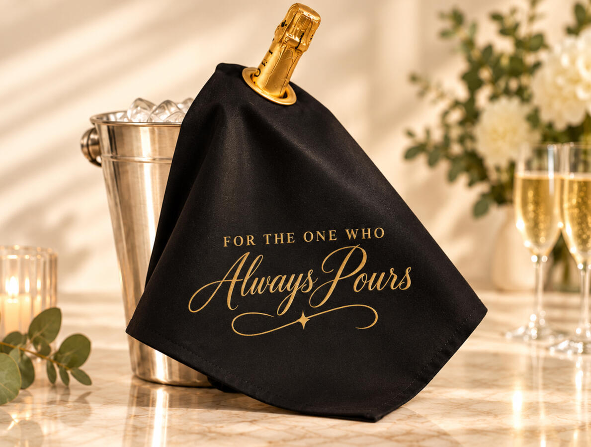 A Champagne bottle with a black bottle cloth saying 'For the one who always pours.'