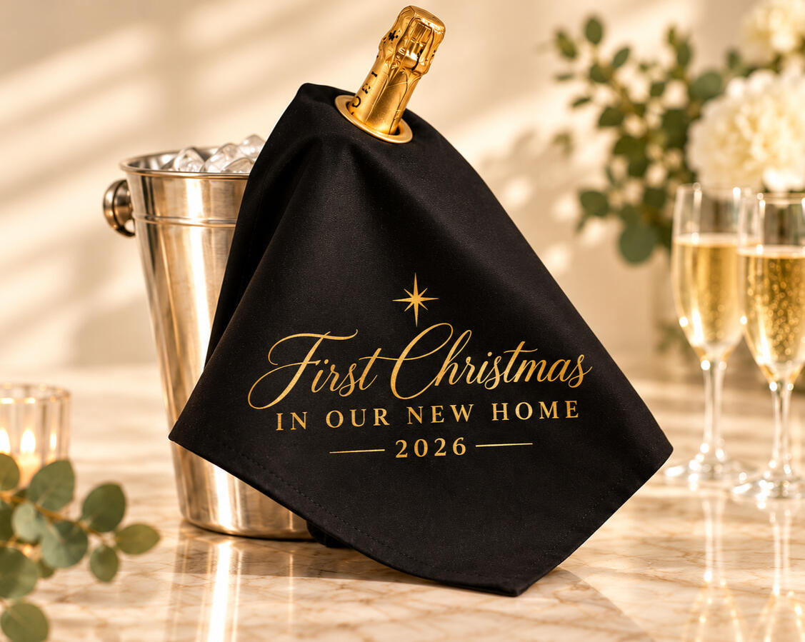 A Champagne bottle with a black bottle cloth saying 'First Christmas in our New Home'