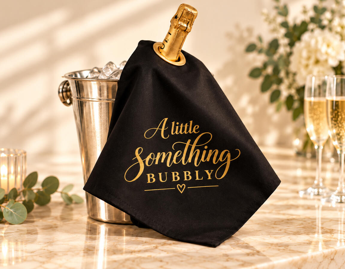 A Champagne bottle with a black bottle cloth saying 'A little something bubbly'